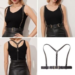 Fashion Nova Rivet Studded Black Faux Leather Harness Belt Adjusts (S-M) 24"-35"